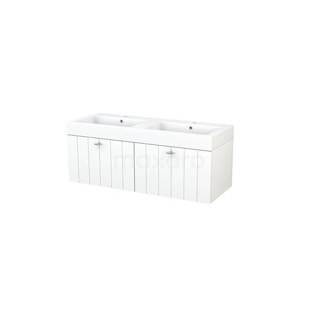 White bathroom unit with double basin, modern finish, ample storage space and sleek panel doors.
