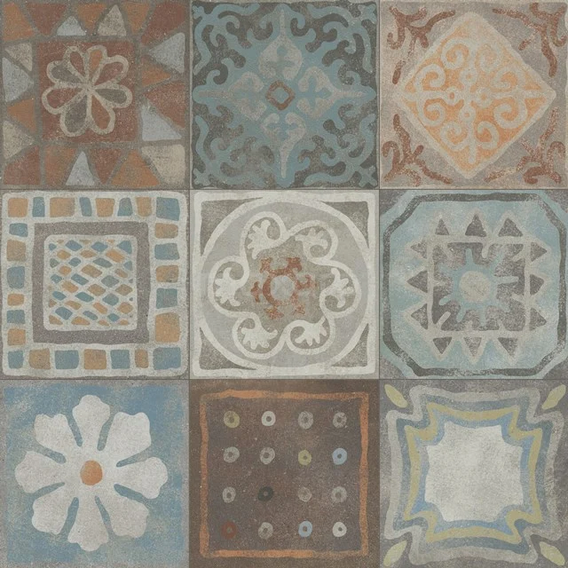 Ceramic bathroom tiles with vintage pattern in earth tones, perfect for a unique and stylish bathroom wall.