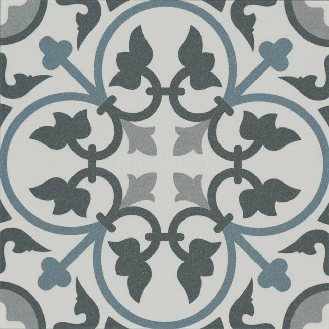 Wandfliese Vintage-Muster Blau-Grau, Keramik, ideal als dekorative Badezimmerfliese.