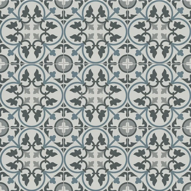 Geometrische graue Badezimmerfliesen mit Vintage-Muster, keramisches Material, ideal für stilvolle Badezimmerwände oder Böden.