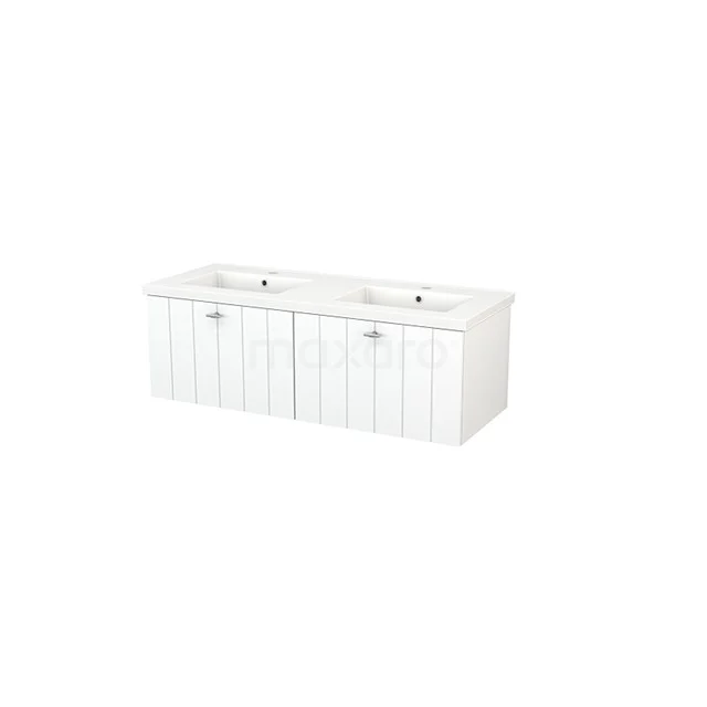 White double vanity unit with paneled doors, ideal for a classic bathroom, made of sturdy MDF material.