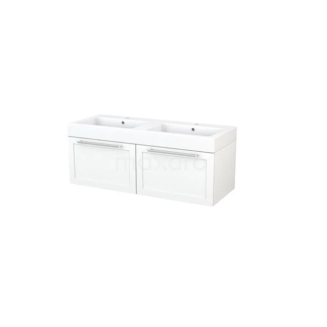 Modulo+ Vanity units with basin | 120 cm Matte white Frame front Mineral marble 2 Side-by-side drawers BMP003648 Double basin with glossy white finish, sleek design and two drawers; ideal for modern bathrooms.