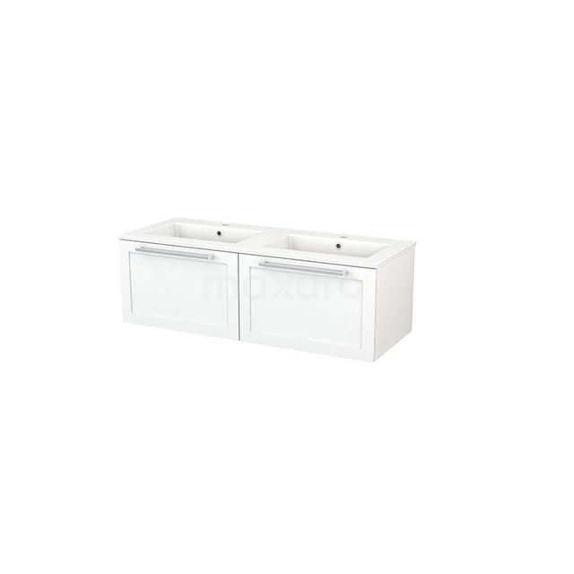 White double vanity unit with two drawers and ceramic basin, modern design for optimal storage space in the bathroom.