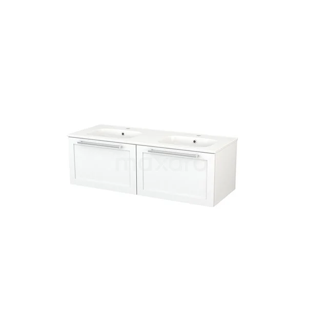 Modulo+ Bathroom furniture with sink | 120 cm Matte white Frame front Ceramic 2 Side-by-side drawers BMP003650 White double vanity unit with clean lines, two drawers and metal handles, perfect for a modern bathroom.