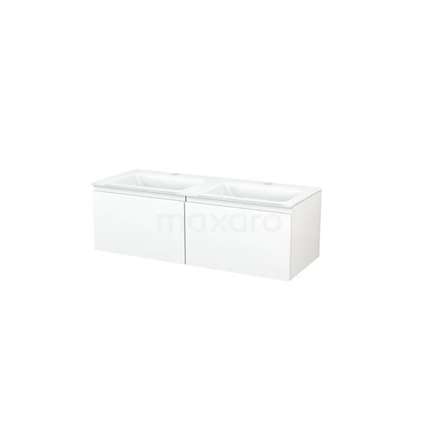 Modulo+ Vanity units with basin | 120 cm Matte white Handle-less front Glass 2 Side-by-side drawers BMP003652 White bathroom cabinet with two drawers, modern design, made of wood, ideal for storage and sleek bathroom design.