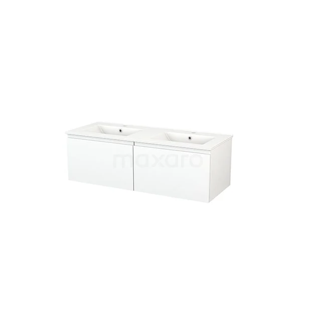 Modulo+ Bathroom furniture with sink | 120 cm Matte white Handle-less front Ceramic 2 Side-by-side drawers BMP003653 Double white washbasin set with glossy surface, ideal for modern bathroom design.
