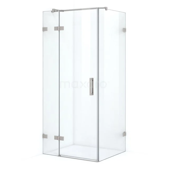 Glas Duschkabine mit Eckeinstieg, silberfarbene Scharniere und Haltegriff, ideal für ein modernes Badezimmer.