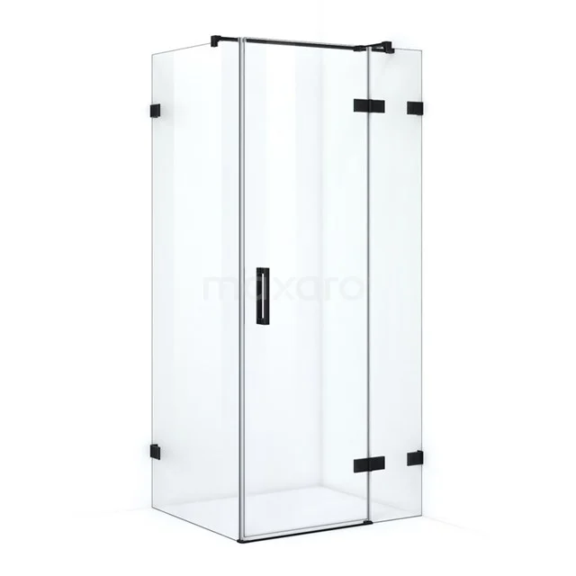 Glass shower enclosure with black hinges and handle, sleek design, perfect for modern bathrooms.