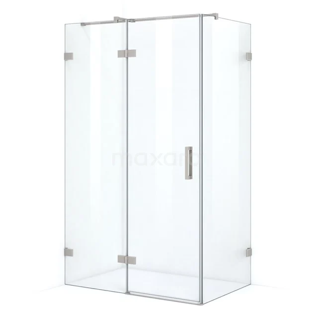 Glass shower enclosure with corner step, slim chrome frame and door with handle, ideal for a modern bathroom.