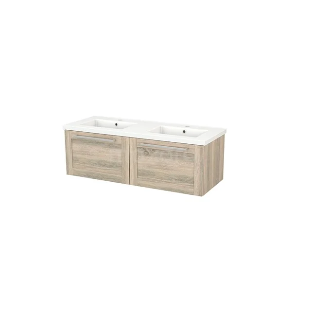 Wooden double basin with drawers, light oak finish, suitable for modern bathrooms, including white ceramic sinks.
