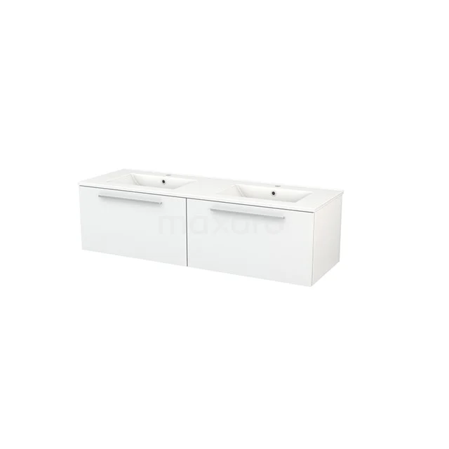 Modulo+ Vanity units with basin | 140 cm High-gloss white Flat front Ceramic 2 Side-by-side drawers BMP003773 White double vanity unit with glossy drawers, sleek modern design, ideal for a stylishly decorated bathroom.