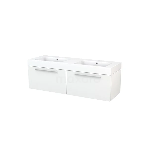 White double vanity unit with two drawers and decorative handles, ideal for a modern bathroom design.