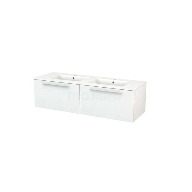 Modulo+ Bathroom furniture with sink | 140 cm High-gloss white Flat front Ceramic 2 Side-by-side drawers BMP003777 White Bathroom unit with double basin, modern sleek design, and chrome handles, ideal for a stylish bathroom.