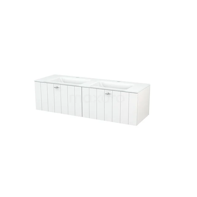 Modulo+ Vanity units with basin | 140 cm High-gloss white Slat front Glass 2 Side-by-side drawers BMP003778 White suspended bathroom unit with vanity units with basin, high-gloss finish and horizontal lines for modern design.