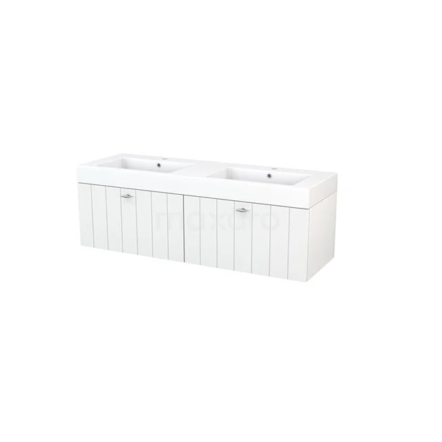 Modulo+ Vanity units with basin | 140 cm High-gloss white Slat front Mineral marble 2 Side-by-side drawers BMP003782 White vanity unit with double basin, vertical grooves in the cabinet doors, ideal for modern bathrooms.