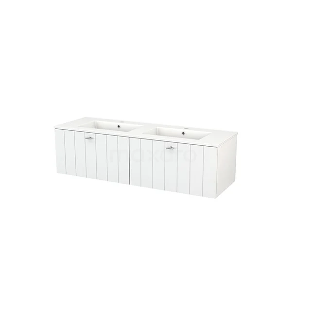 White double vanity unit with two integrated sinks, modern lines and storage space, perfect for a stylish bathroom.
