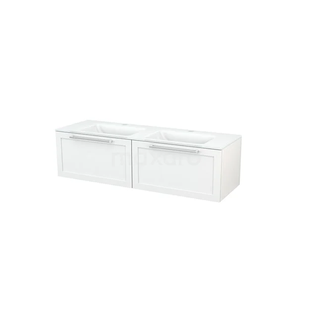 White, modern bathroom cabinet with two drawers and glass top, ideal for stylish bathroom storage.