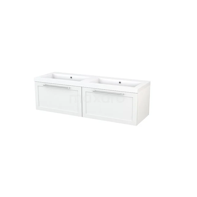Modulo+ Vanity units with basin | 140 cm High-gloss white Frame front Mineral marble 2 Side-by-side drawers BMP003786 White double vanity unit with sleek drawers, modern design, ideal for stylish bathroom design and efficient storage.