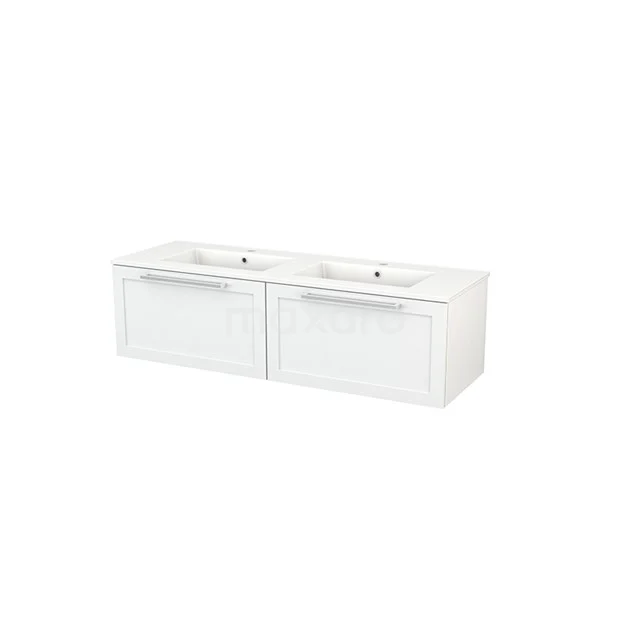 Weißes Doppelwaschtischmöbel mit modernem rechteckigem Design, ausgestattet mit zwei Schubladen und integriertem Waschbecken.