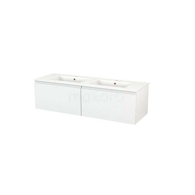 Modulo+ Bathroom furniture with sink | 140 cm High-gloss white Handle-less front Ceramic 2 Side-by-side drawers BMP003795 White double vanity unit with lacquered finish, modern design and spacious storage drawers, perfect for any bathroom decor.