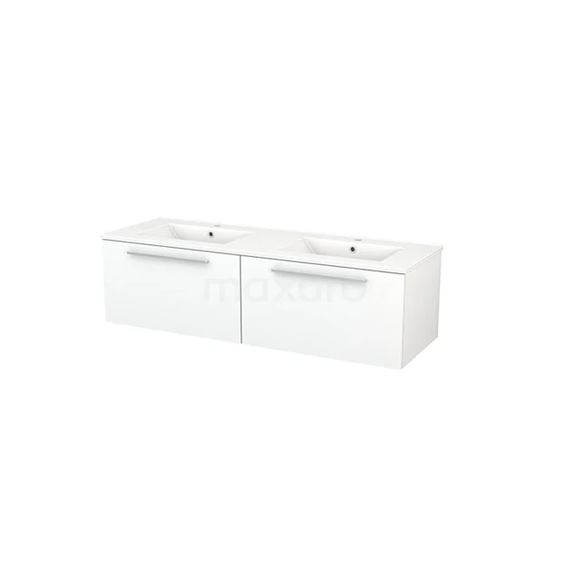 White double vanity unit with ceramic countertop wash basins and drawers, ideal for modern bathroom design.