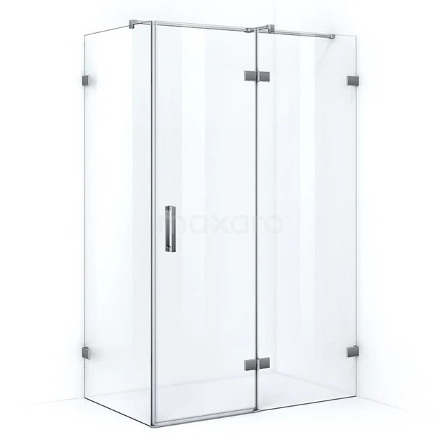 Shower enclosure with corner step, transparent safety glass, chrome hinges and sleek handle for modern bathrooms.