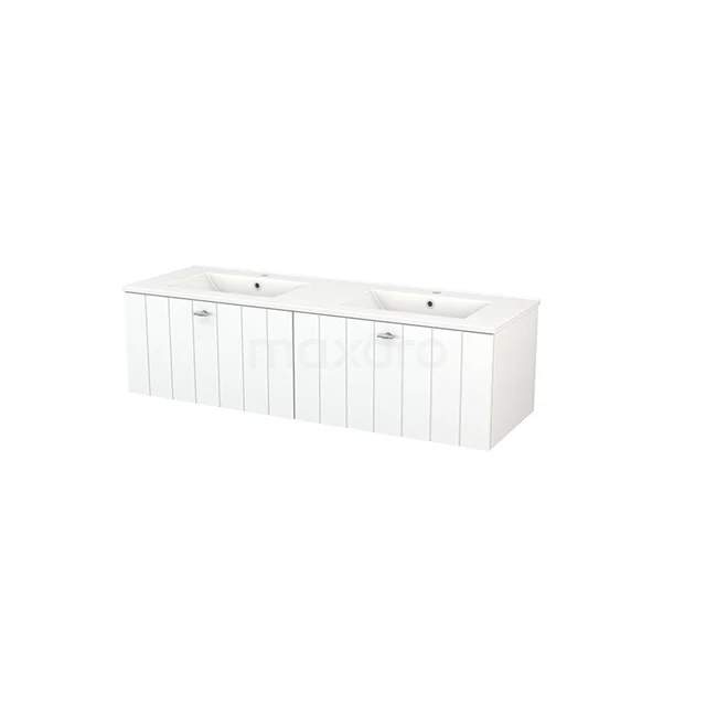 White double vanity unit with ceramic bowls, modern design and fluted cabinet doors, ideal for stylish bathrooms.