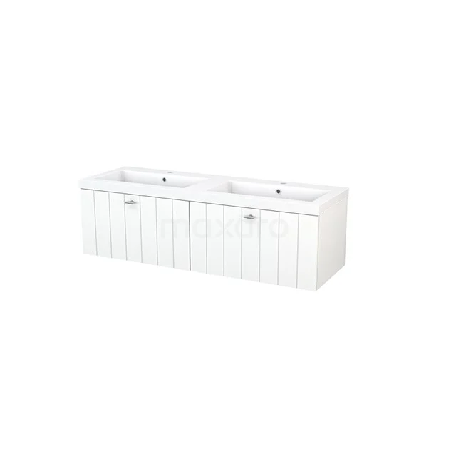 Double basin in white with two integrated sinks, rustic panel doors and ample storage space, ideal for the bathroom.