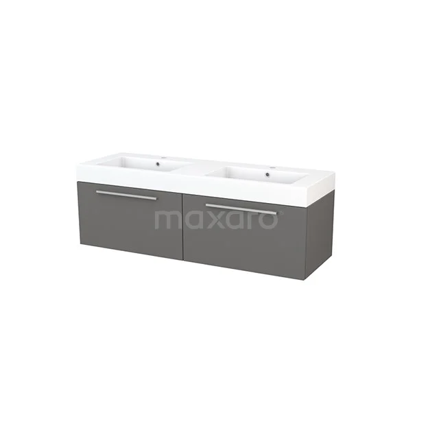 Modulo+ Bathroom furniture with sink | 140 cm Basalt Flat front Mineral marble 2 Side-by-side drawers BMP003824 Grey double vanity unit with white ceramic sink, modern design, ideal for spacious bathrooms.