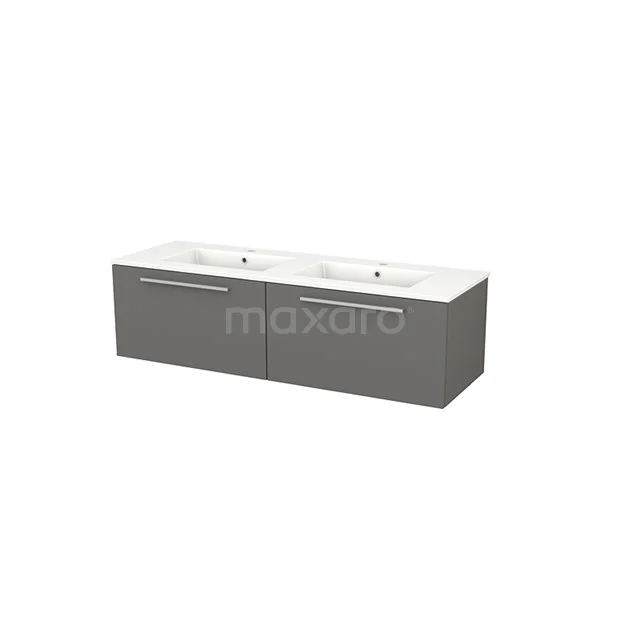 Modulo+ Vanity units with basin | 140 cm Basalt Flat front Ceramic 2 Side-by-side drawers BMP003825 Grey double vanity unit with white ceramic sink, sleek design, ideal for a modern bathroom design.