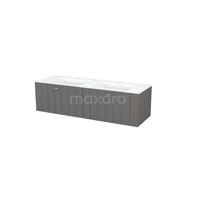 Modulo+ Bathroom furniture with sink | 140 cm Basalt Slat front Glass 2 Side-by-side drawers BMP003826 Grey wooden bathroom cabinet with double basin in white, modern look, ideal for stylish bathroom storage.