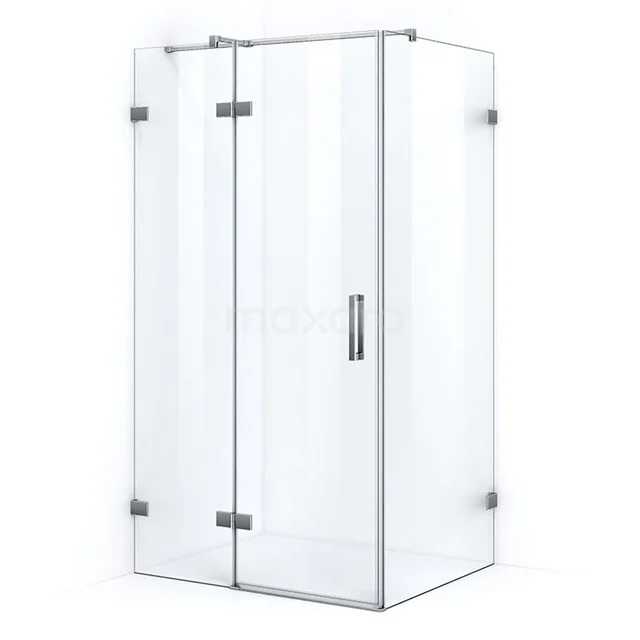 Glass shower enclosure with corner step, clear glass and metal hinges, ideal for modern bathroom design.