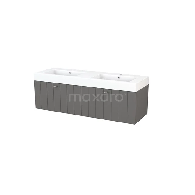 Modulo+ Bathroom furniture with sink | 140 cm Basalt Slat front Mineral marble 2 Side-by-side drawers BMP003830 Grey double vanity unit with wood look, two white ceramic sinks, ideal for a stylish bathroom design.