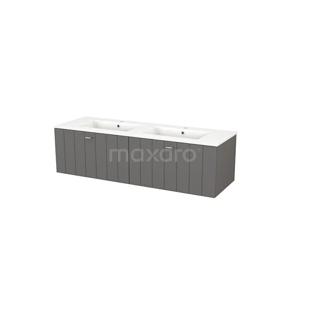 Grey double basin base cabinet with white ceramic basin, modern design, ideal for bathroom storage.