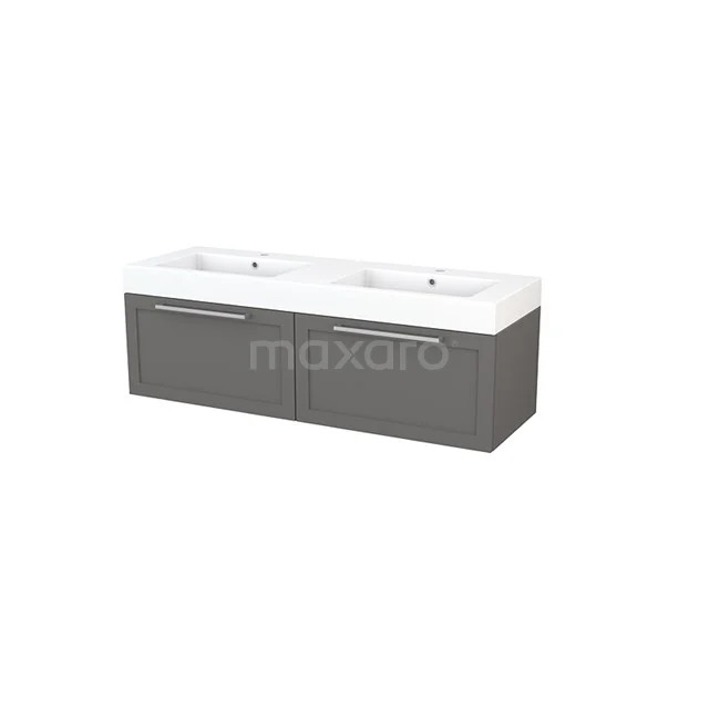 Modulo+ Vanity units with basin | 140 cm Basalt Frame front Mineral marble 2 Side-by-side drawers BMP003836 Grey double basin with white ceramic sink, sleek designer cabinet with drawers, ideal for modern bathrooms.