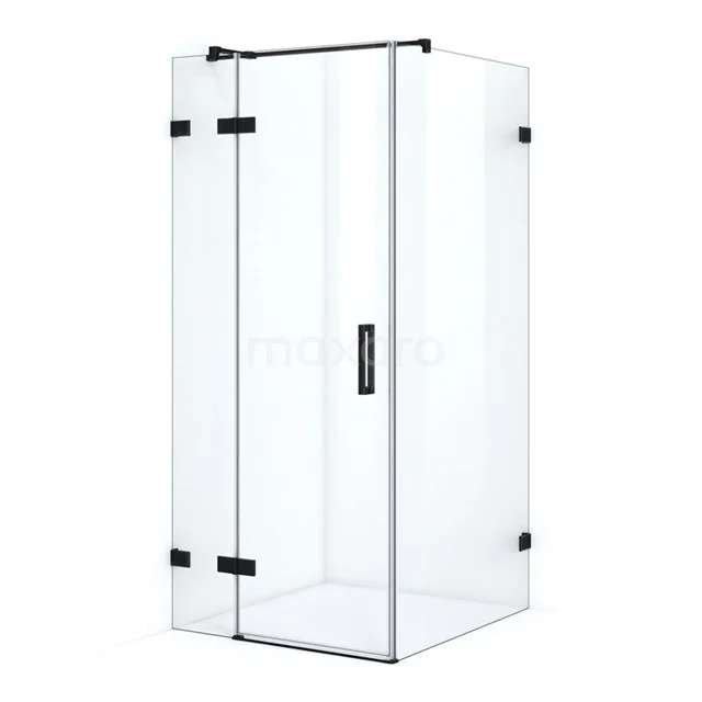 Glass shower enclosure with black hinges and handle, modern design, perfect for a stylish bathroom.
