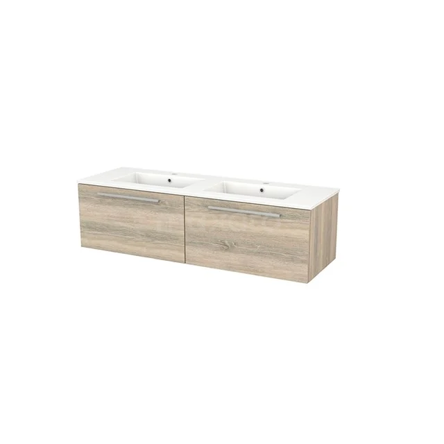 Wooden bathroom unit in oak look with double basin and modern finish for stylish bathroom design.