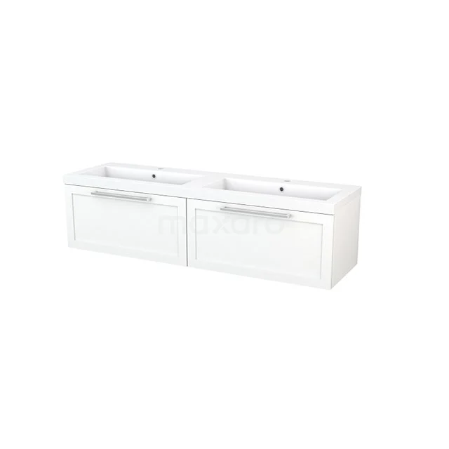 Weißes Doppel-Waschtischmöbel mit klarem Design, zwei Schubladen und moderner Verarbeitung, ideal für geräumige Bäder.