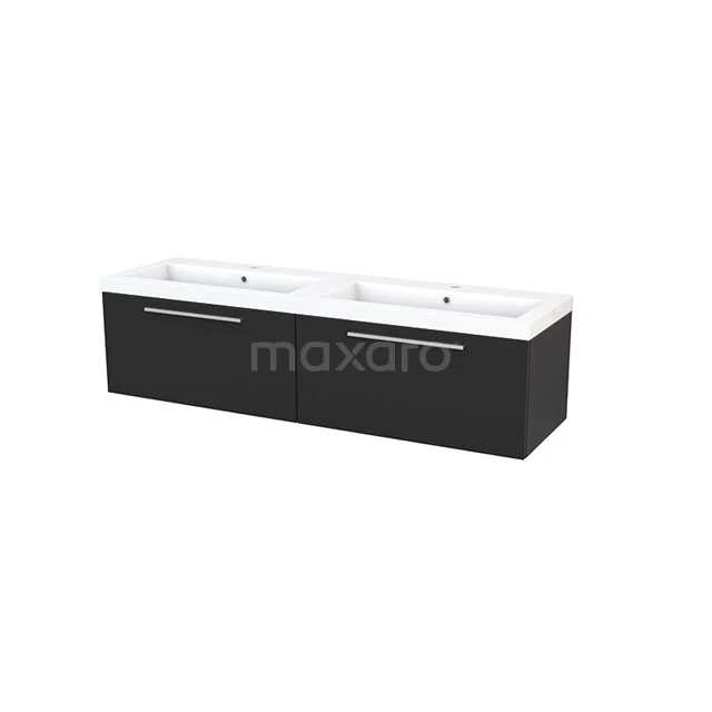 Black hanging double basin with two ceramic countertop wash basins, ideal for modern bathroom design.