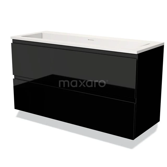 Black modern bathroom unit with clean lines, glossy finish, double drawers and white ceramic basin worktop.