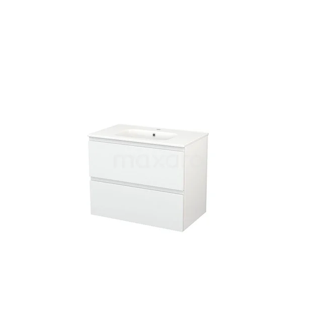 Modulo+ Bathroom furniture with sink | 80 cm High-gloss white Handle-less front Ceramic 2 Stacked drawers BMP002710 White floating vanity unit with sleek design, two drawers and integrated basin, ideal for modern bathrooms.