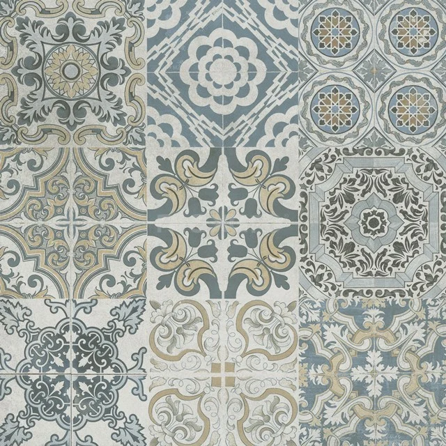 Bodenfliese/Wandfliese Downtown Platinum Decor 60x60cm Uni Multicolour Rectified 501-110112 Vintage Badezimmerfliese mit Mustermix in Beige, Blau und Grautönen, perfekt für stilvolle Wanddekoration.