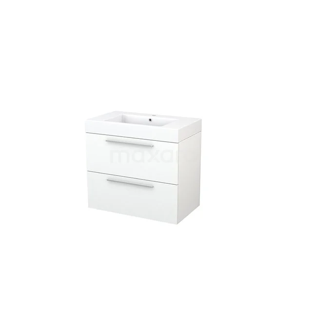 White vanity unit with two drawers, glossy finish, modern design, ideal for a sleek bathroom interior.