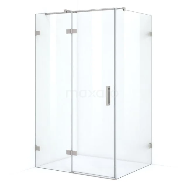 Glass shower enclosure with transparent doors, corner design and minimalist metal handle, ideal for modern bathrooms.