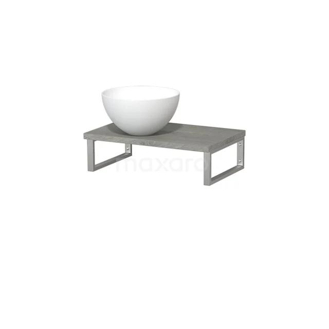 Modulo Pico Waschtischplatte mit Aufsatzwaschbecken | 41 cm Graue Eiche Matt Weiß Solid Surface TMK01-00423 Graues Waschtischboard mit Metallbeinen und weißem keramischen Aufsatzwaschbecken, perfekt für eine moderne Badezimmergestaltung.