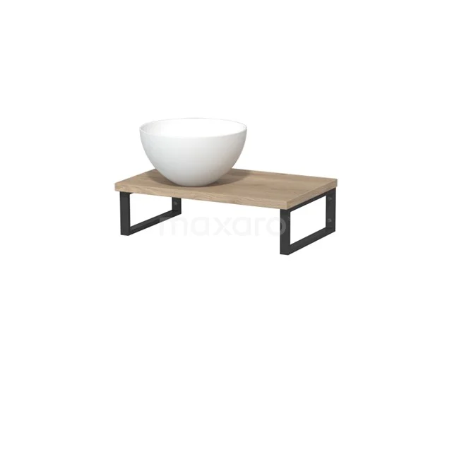 Hölzerne Waschtischplatte mit einem weißen, runden Aufsatzwaschbecken und schwarzen Metallstützen, ideal als modernes Badmöbel.