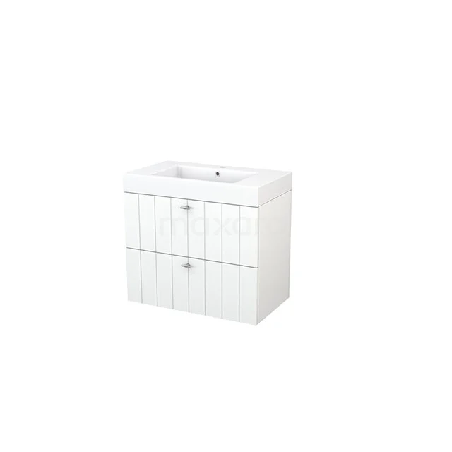 White bathroom unit with two drawers, vertical lines and ceramic basin; ideal for modern bathrooms.