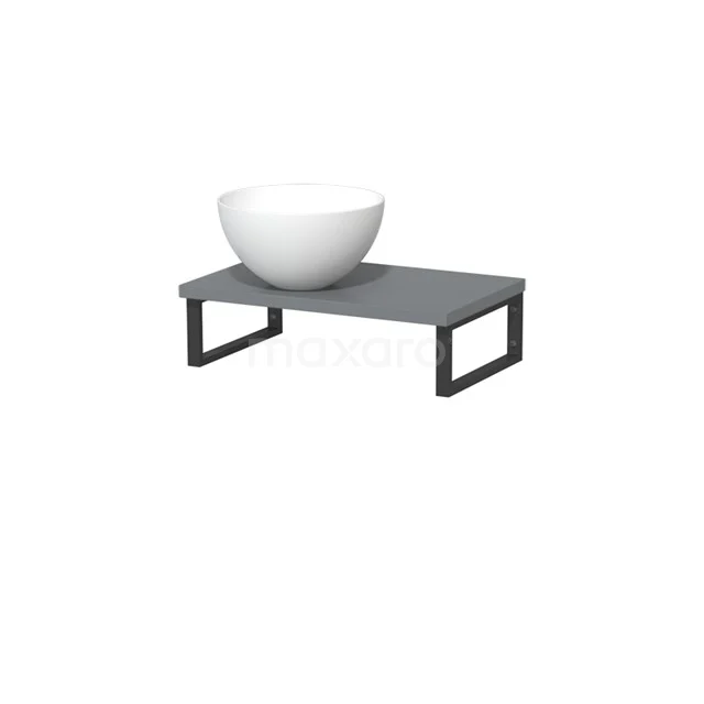 Waschtischplatte mit weißem ovalen Aufsatzwaschbecken, grauem Holzlook Platte und schwarzem Metallrahmen, modernes Badezimmerdesign.