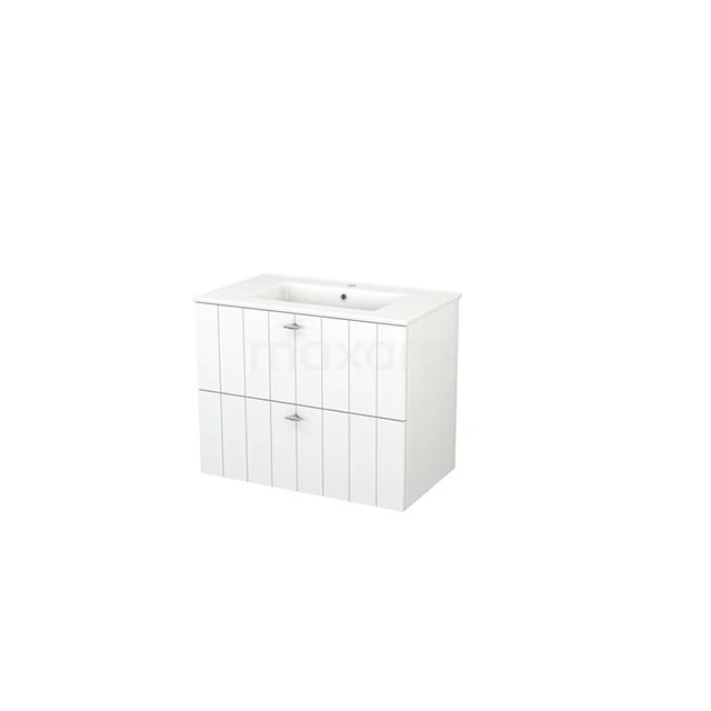 Modulo+ Vanity units with basin | 80 cm Matte white Slat front Ceramic 2 Stacked drawers BMP002729 High-gloss white bathroom unit with double drawers and integrated vanity units with basin, modern design for a sleek bathroom style.