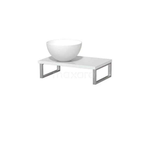 Weißes Waschtischplatte mit runder keramischer Aufsatzwaschbecken und Metallrahmen, ideal als moderne Ergänzung zu deiner Badezimmerinrichtung.